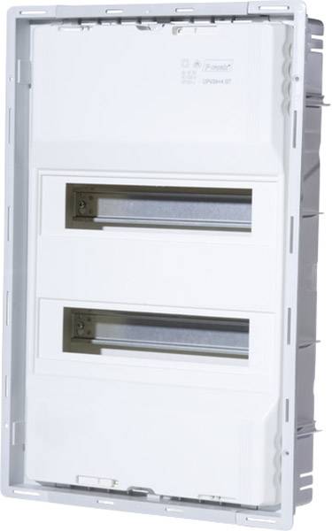 Distribuzione a incasso bianca con due file per fusibili o interruttori magnetotermici.