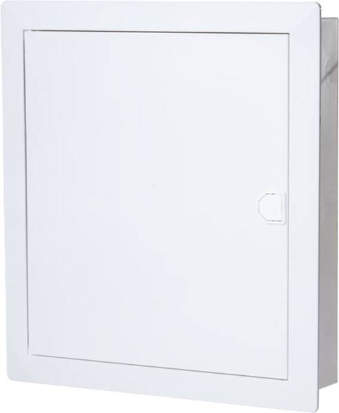Un quadro elettrico bianco, rettangolare, con il coperchio chiuso e la maniglia visibile, installato su una parete.
