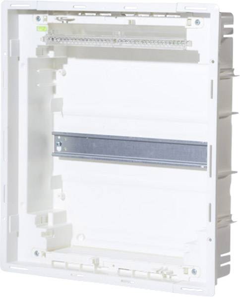 Un quadro elettrico vuoto, bianco, per montaggio a parete, con un supporto metallico centrale, idoneo per impianti elettrici.