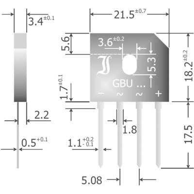 Disegno tecnico di un componente elettronico rettangolare con più piedini metallici. Dimensioni, distanze e marcature indicate.