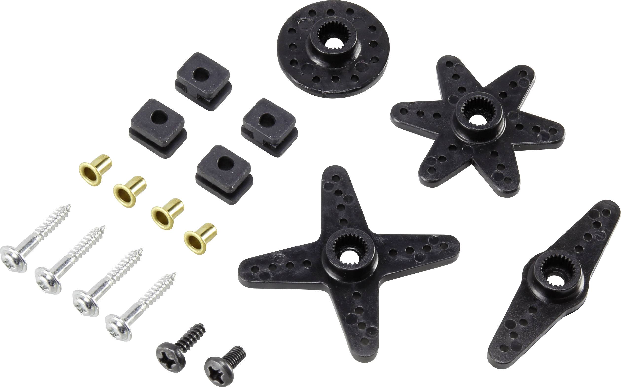 Diversi cornetti servo neri, viti e boccole in ottone per modellismo, disposti su sfondo bianco.