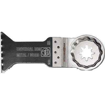Lama multiutensile con scritta 'UNIVERSAL BIM METAL/WOOD', idonea per metallo e legno. Taglio dentellato e attacco a stella.