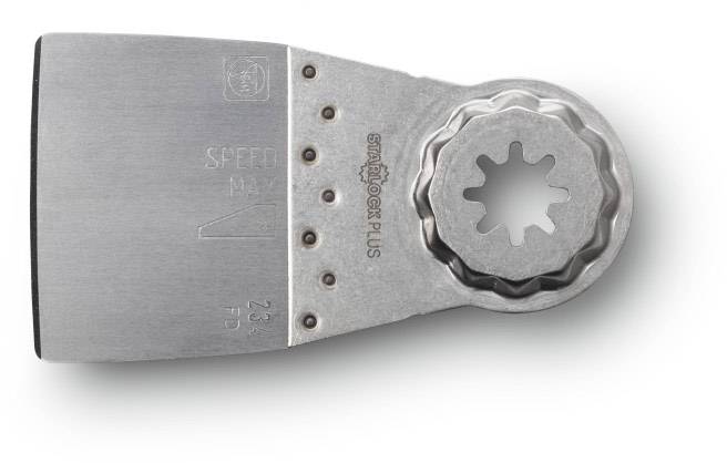Una lama d'argento per sega con supporto a forma di stella, su cui è scritto 'STARLOCK PLUS'. A sinistra sono incisi misure e frecce.