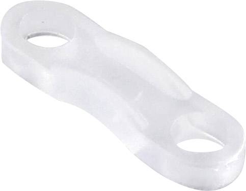 Un connettore bianco in plastica con due fori ovali, probabilmente utilizzato per connessioni meccaniche o tecniche.