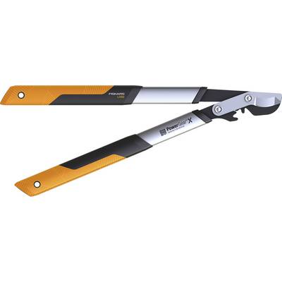 Forbici con manici arancione e nero, con il nome del marchio 'Fiskars PowerGearX' sulla parte color argento, aperte.