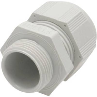 Un raccordo passa-cavo in plastica grigia con filettatura, idoneo per installazioni di cavi in applicazioni elettriche.