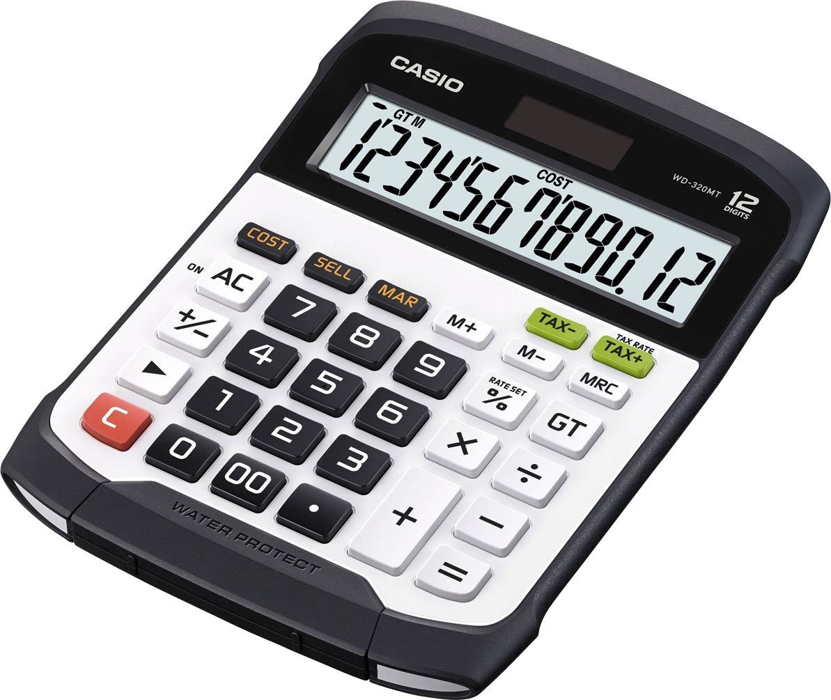 Un calcolatore tascabile Casio con display digitale mostra il numero '1234567890,12'. Sono visibili i tasti per il controllo e il calcolo.