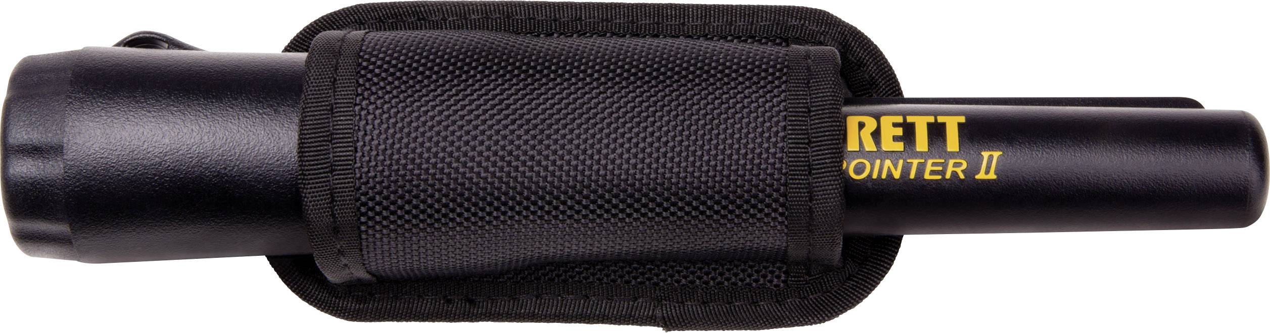 Metal detector 'Garrett Pro Pointer II' in custodia nera, vista laterale.