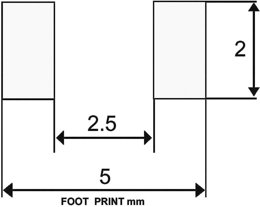 Il diagramma mostra una forma a U con misure: larghezza di 2,5 mm tra i bracci, altezza dei bracci di 2 mm. La lunghezza complessiva è di 5 mm.