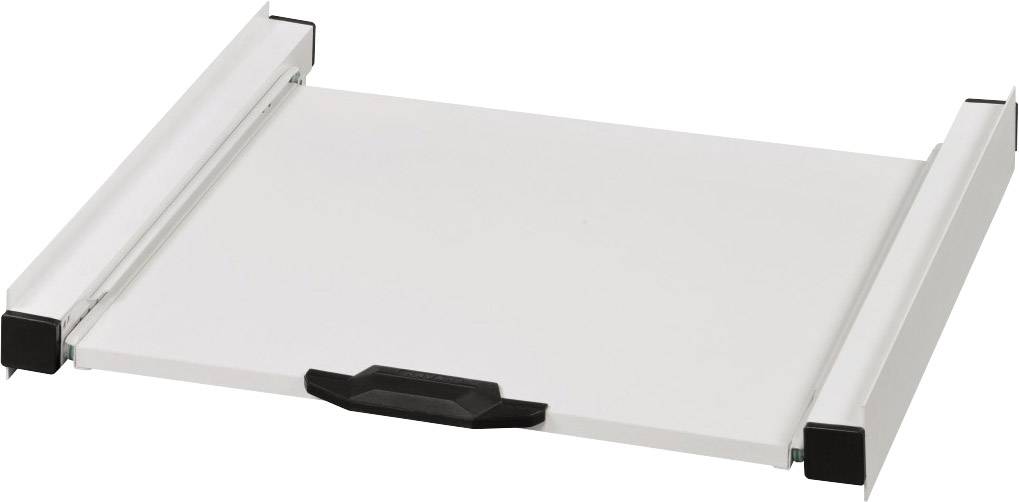 Una tastiera estraibile bianca con maniglie nere, progettata per essere montata sotto una scrivania.