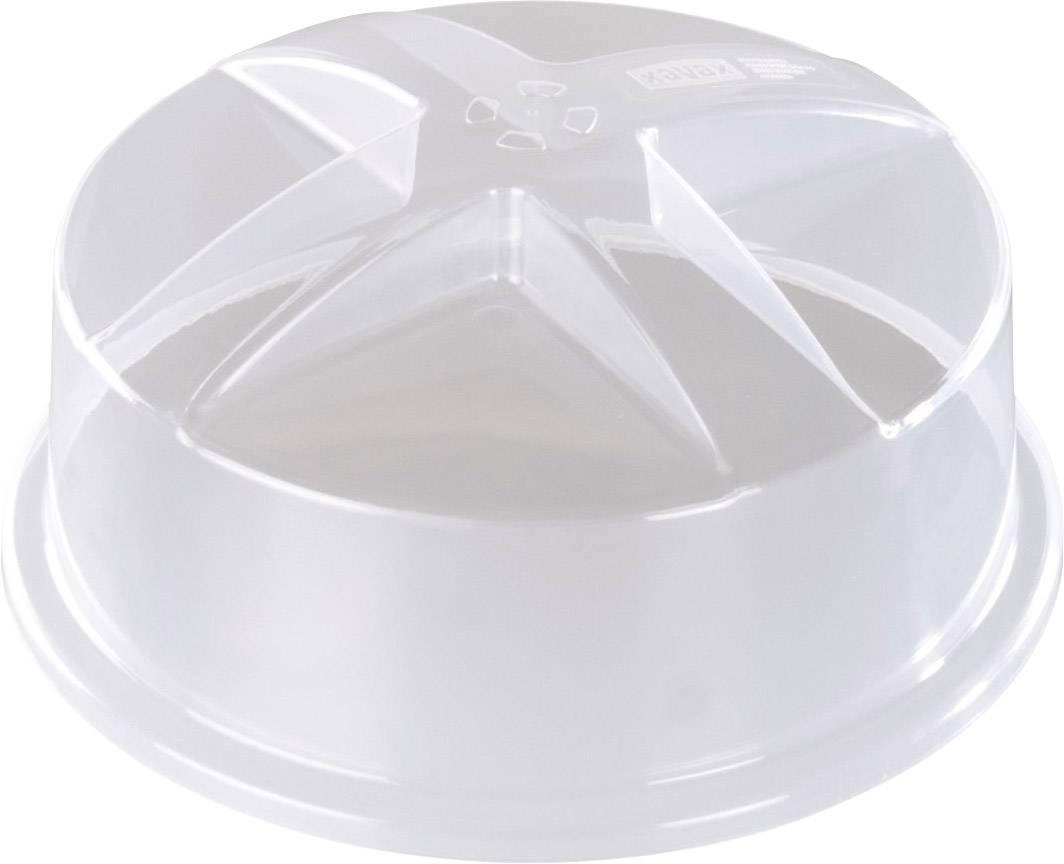 Coperchio tondo e trasparente in plastica con motivo a croce e piccoli fori di aerazione in alto, utilizzato per coprire cibi.