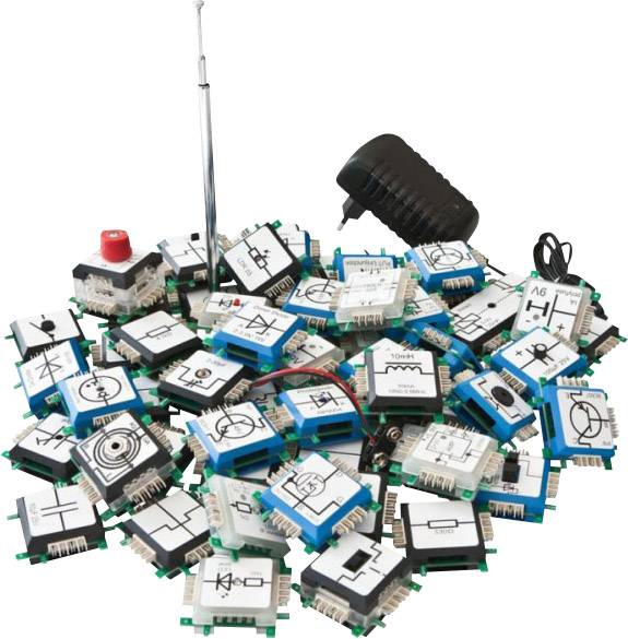 Un mucchio di blocchi elettronici colorati con vari simboli di circuiti, tra cui antenna e interruttore.