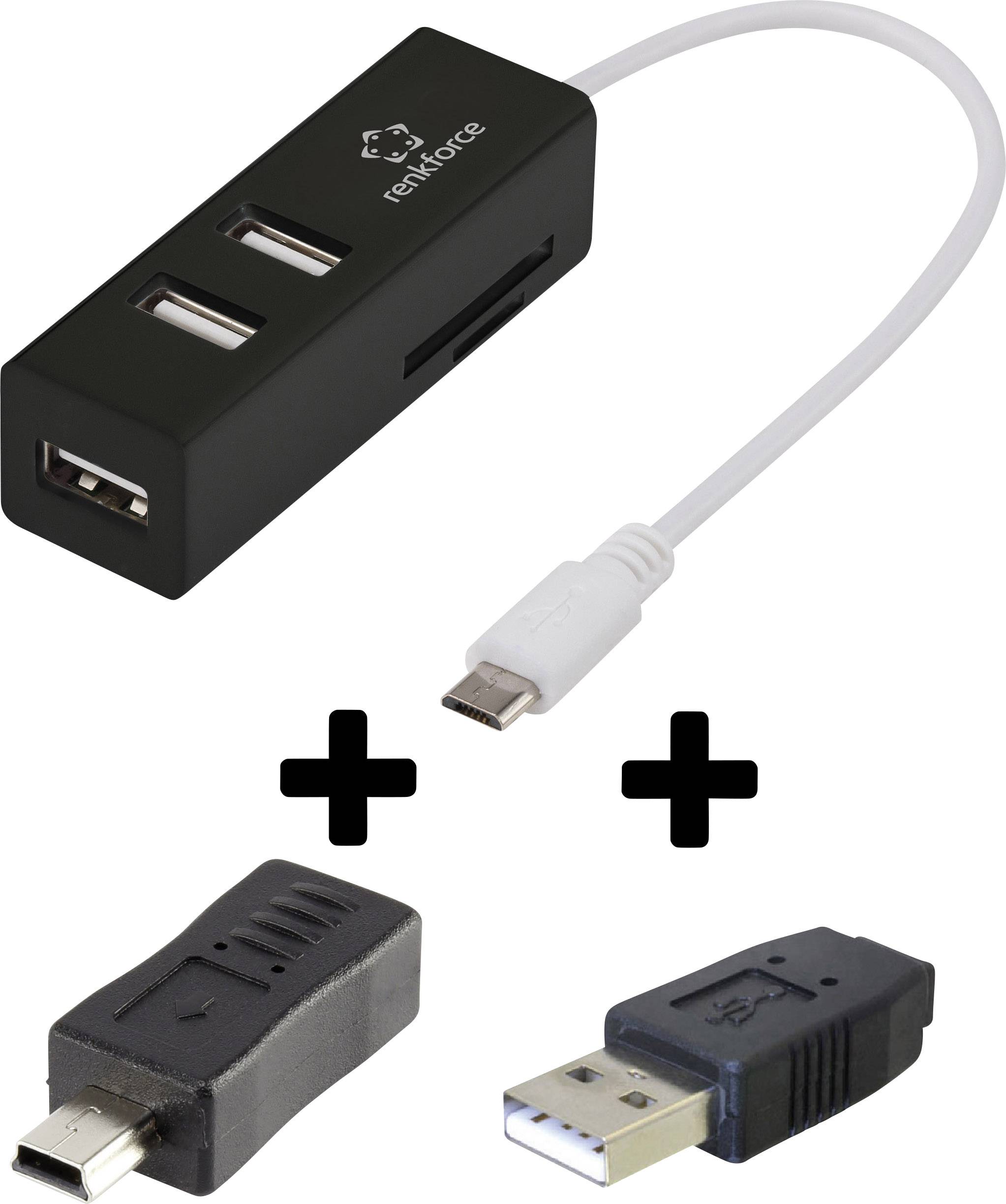 Universale Renkforce hub USB 2.0 OTG a 3 porte con lettore di schede SD per smartphone/tablet e PC