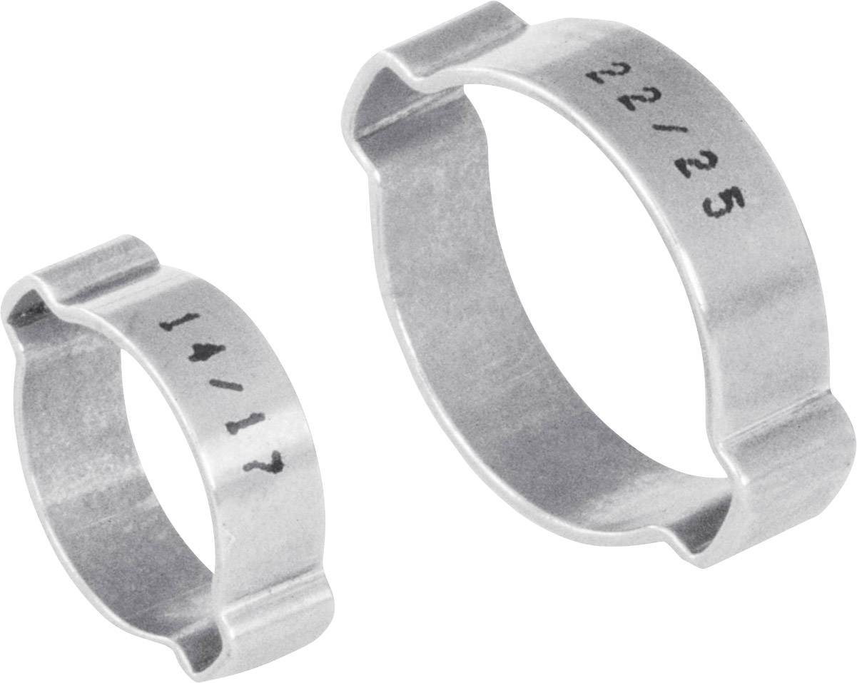 Due fascette metalliche con marcature '14/17' e '22/25' mostrano diametri differenti per il collegamento di tubi.