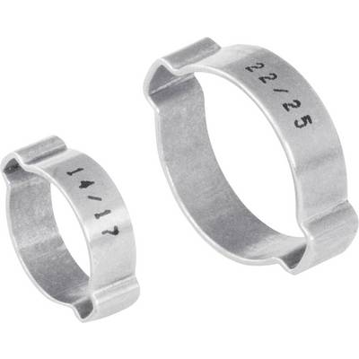 Due fascette metalliche con marcature '14/17' e '22/25' mostrano diametri differenti per il collegamento di tubi.