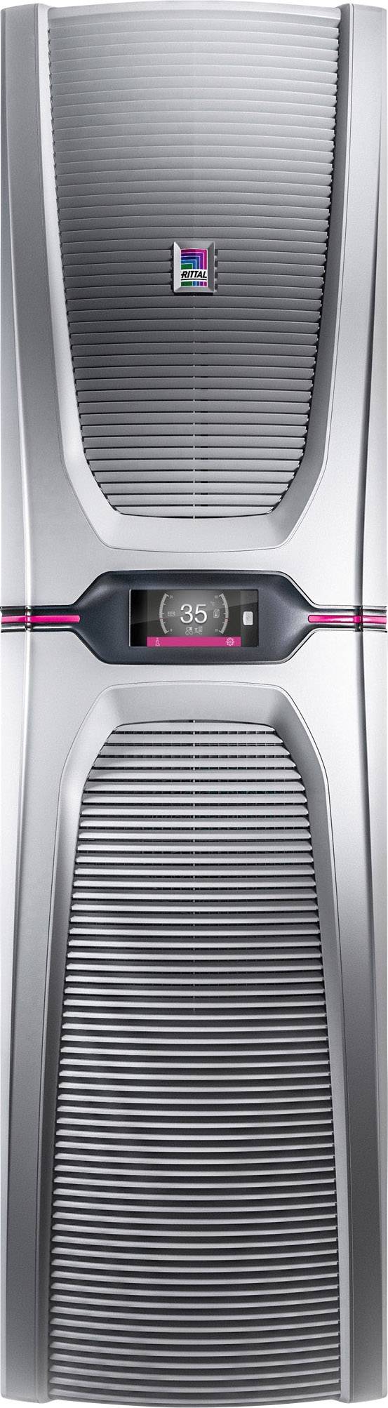 Frigorifero argentato moderno con display digitale che mostra '35'. Le porte del frigorifero hanno texture orizzontali e un piccolo emblema colorato in alto.