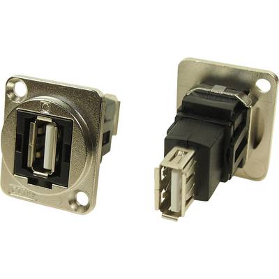 Due prese USB-A in involucri metallici, una montata su una piastra di supporto quadrata. Sono destinate all'installazione in dispositivi elettronici.