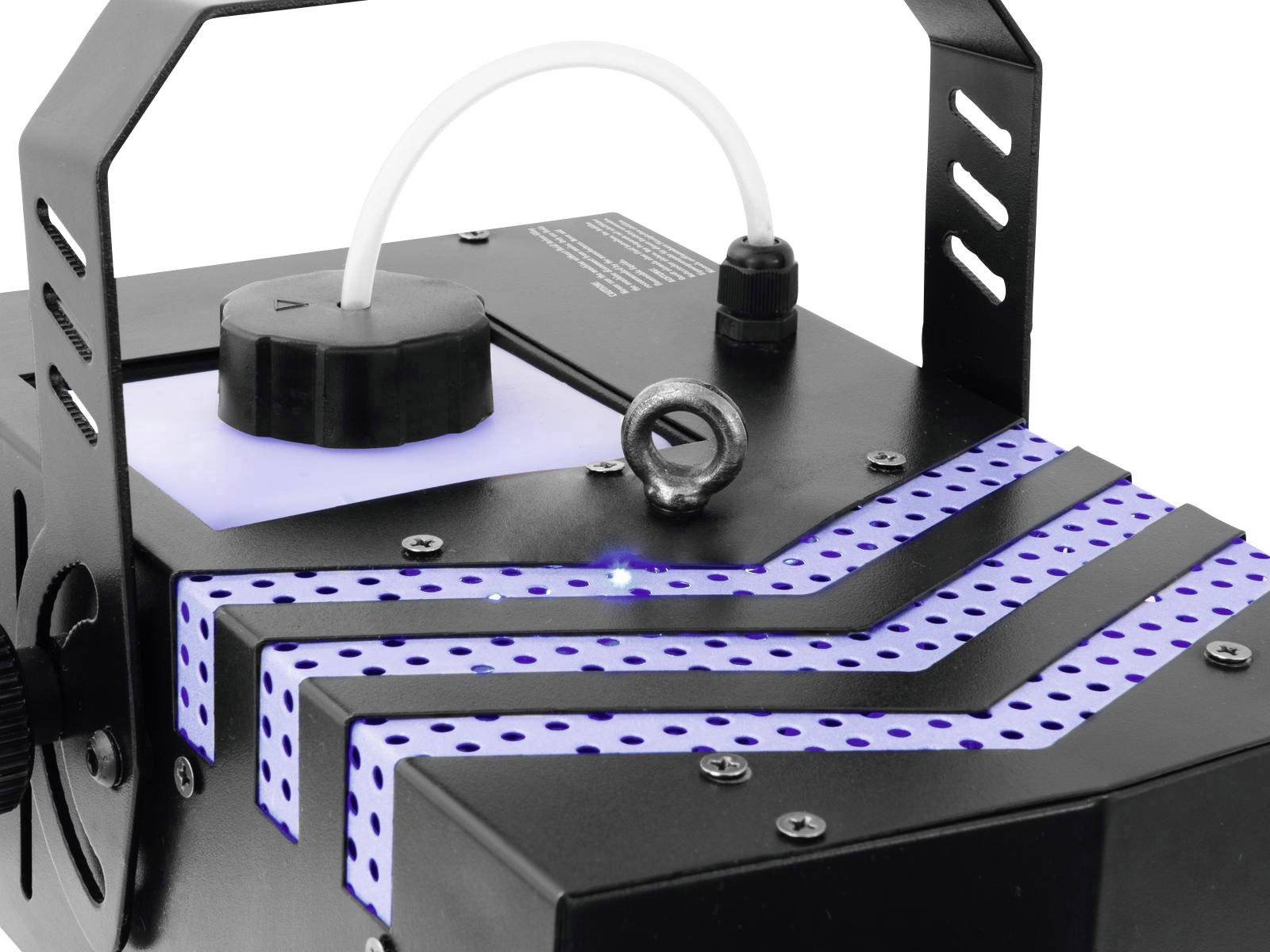 Proiettore di effetti luminosi nero con elementi di design rotondi e quadrati, illuminato di blu, su sfondo bianco.