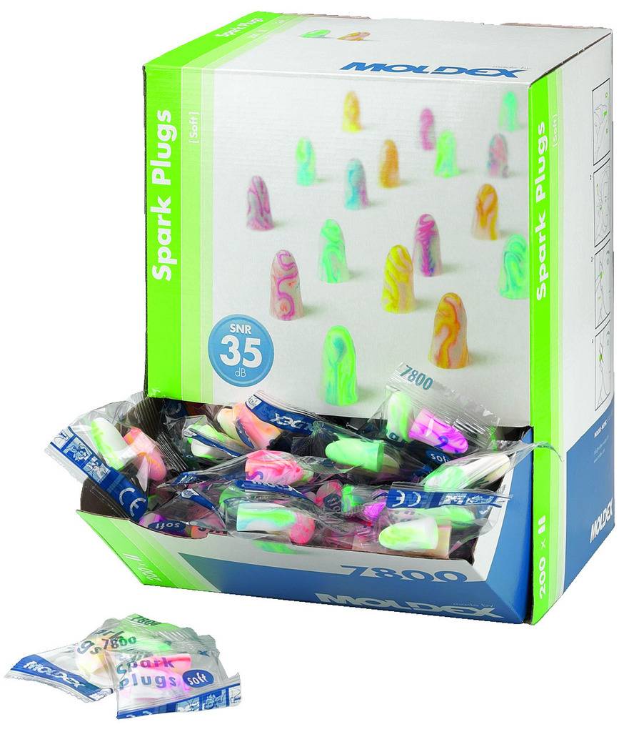 Una confezione di tappi per le orecchie Moldex Spark Plugs, SNR 35 dB, disponibili in vari colori fluorescenti. La confezione contiene diversi paio di tappi.