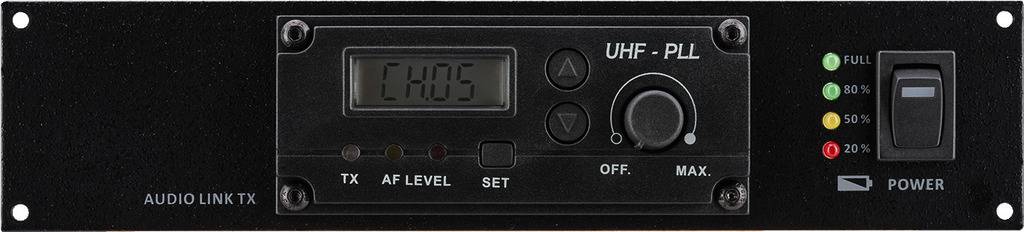 Dispositivo audio UHF-PLL con display che mostra 'CH 05', tasti per la regolazione, indicatore del livello AF e quattro LED colorati per lo stato della batteria.