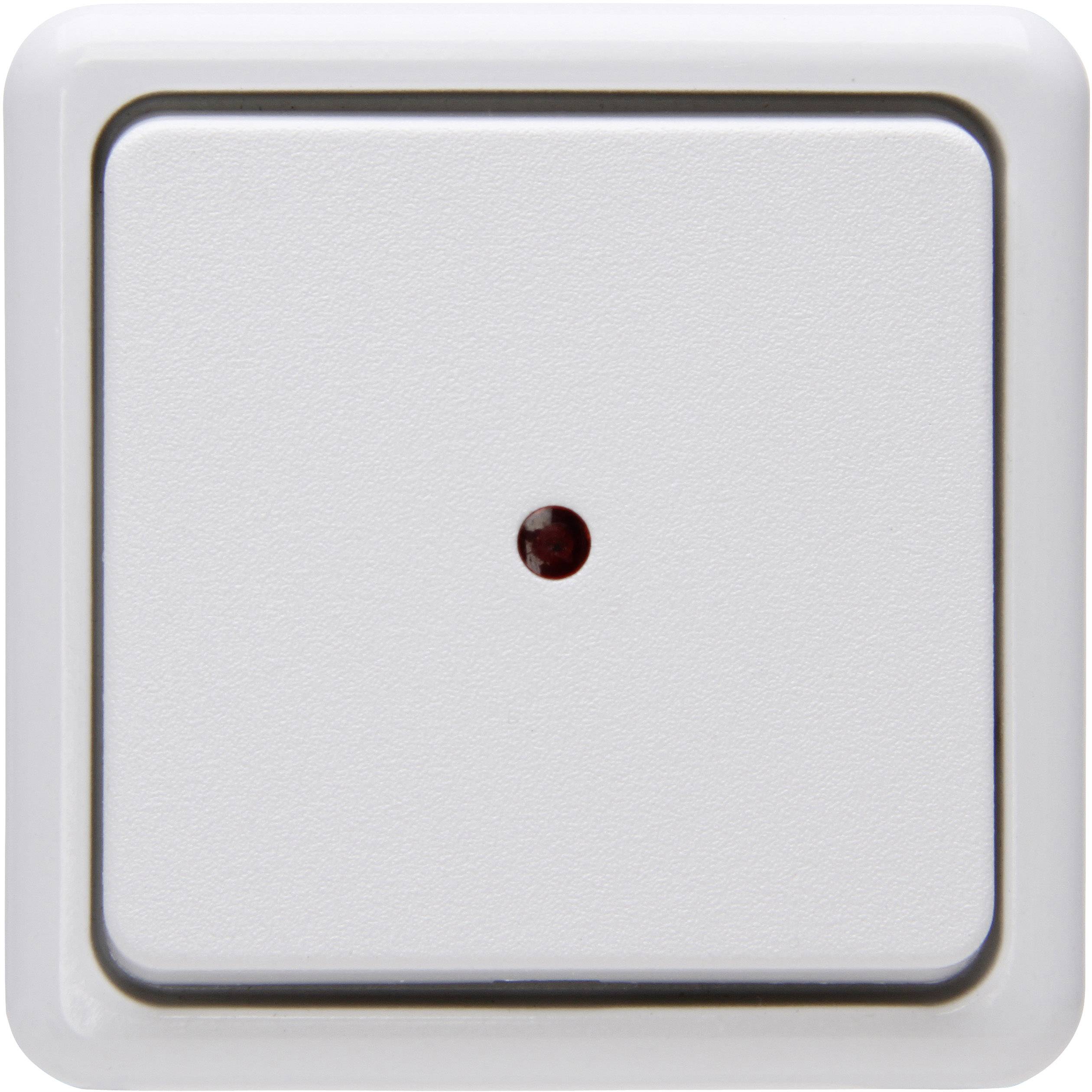Un interruttore bianco con un piccolo indicatore rosso al centro che mostra lo stato dell'interruttore.