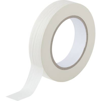 Un rotolo di nastro adesivo bianco con una parte già srotolata, adatto per lavori d'ufficio o di bricolage.