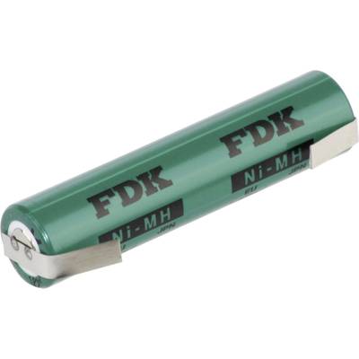 'Batteria Ni-MH cilindrica, verde, con la scritta FDK. Due contatti metallici alle estremità.'