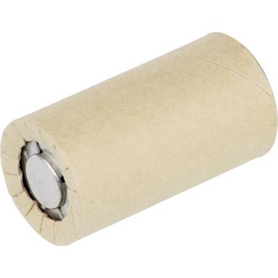 Un pacco batteria cilindrico avvolto in carta marrone con un tappo metallico su un'estremità.