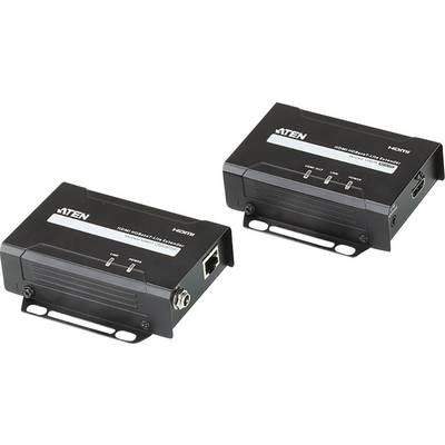 Due dispositivi di estensione neri HDMI con la scritta 'HDMI HDBaseT Lite Extender', collegati tramite cavo di rete, per la trasmissione video.