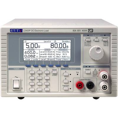 Dispositivo elettronico di carico con display: tensione di uscita 5,00 V, corrente 80,00 A. Tasti per impostazioni operative, ingressi di corrente e tensione.
