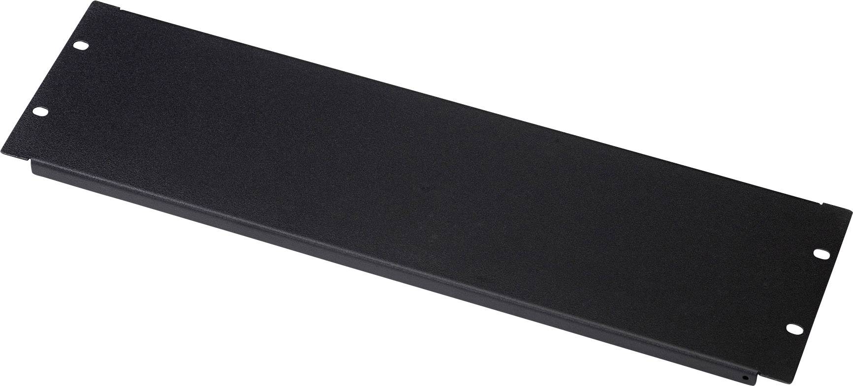 Coperchio nero rettangolare con quattro fori di montaggio agli angoli, presumibilmente destinato all'utilizzo in un sistema rack.