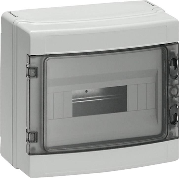 Piccolo quadro elettrico grigio in plastica, con coperchio trasparente, idoneo per installazioni elettriche in ambienti interni.