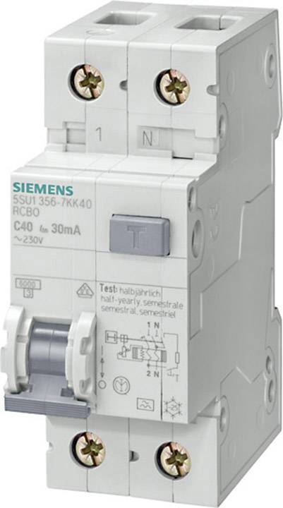 Un interruttore magnetotermico bipolare Siemens con etichetta 'C40' e '30mA', idoneo per una tensione di 230V.