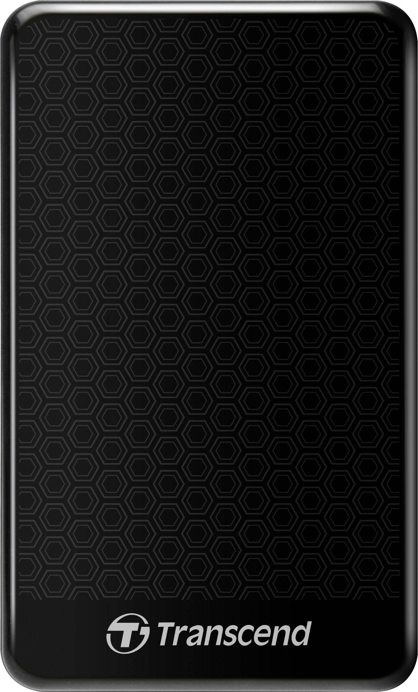 Hard disk esterno con pattern esagonale nero e logo 'Transcend' in basso.