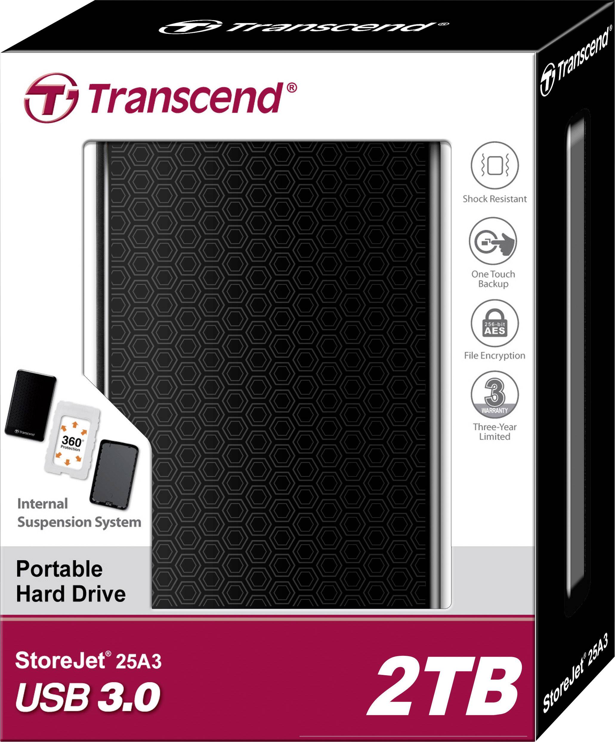 Hard disk esterno Transcend StoreJet 25A3 con 2 TB di spazio di archiviazione. Caratteristiche: USB 3.0, resistenza agli urti, backup con un clic, crittografia dei dati.