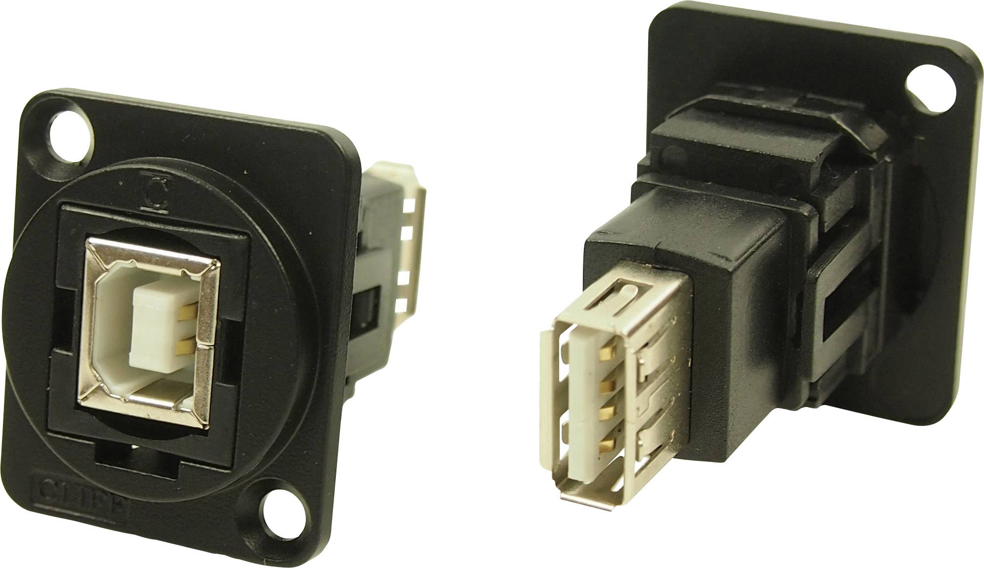 Due adattatori USB neri, uno frontalmente e l'altro visto di lato, su una superficie bianca.
