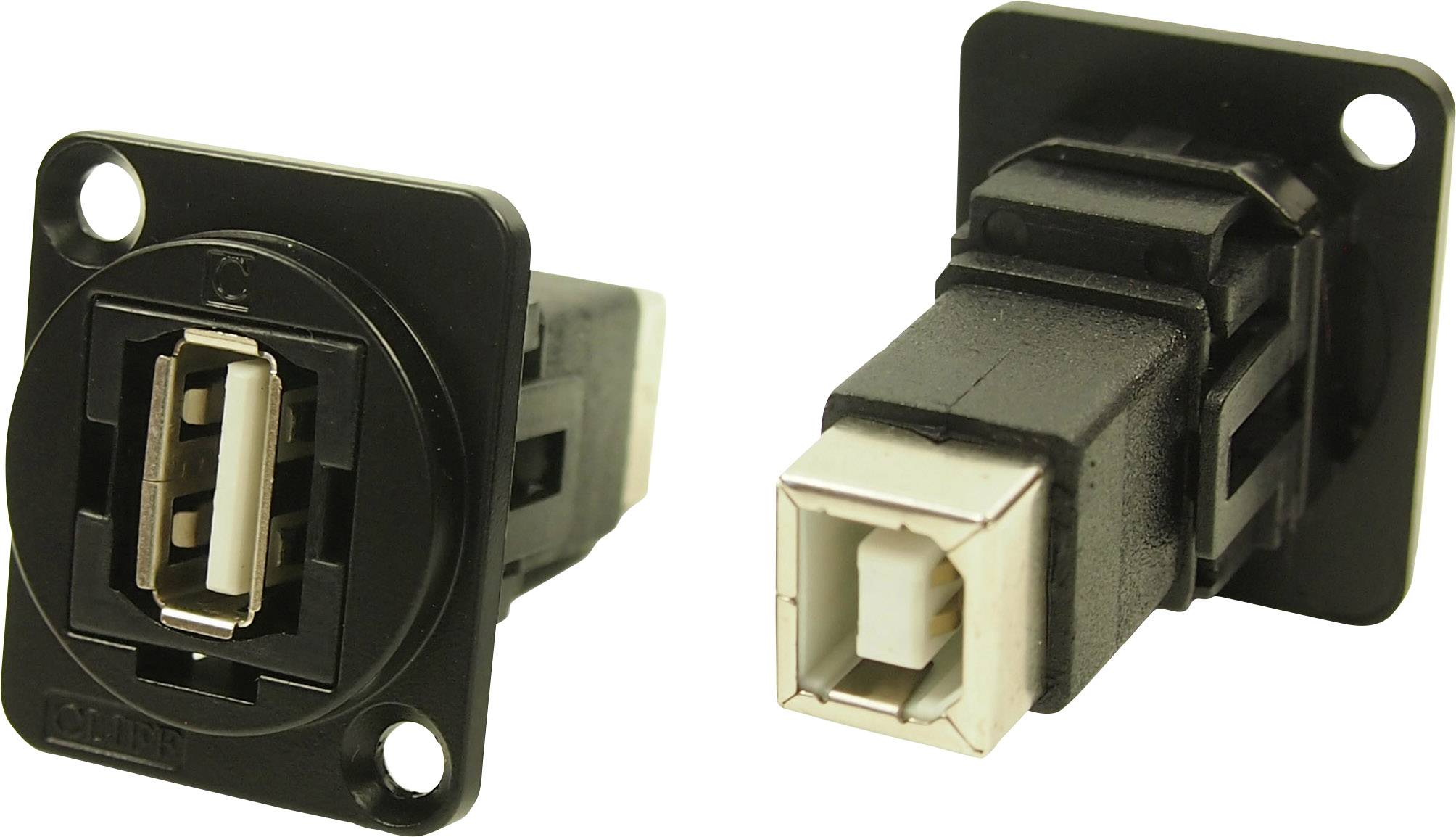 Due prese USB-A in un supporto nero rettangolare, che mostrano diverse angolazioni; una frontale, una laterale.