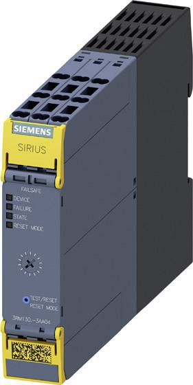 Modulo relè di sicurezza Siemens nero e giallo con elementi di controllo e indicatori LED, contrassegnato 'Sirius'.