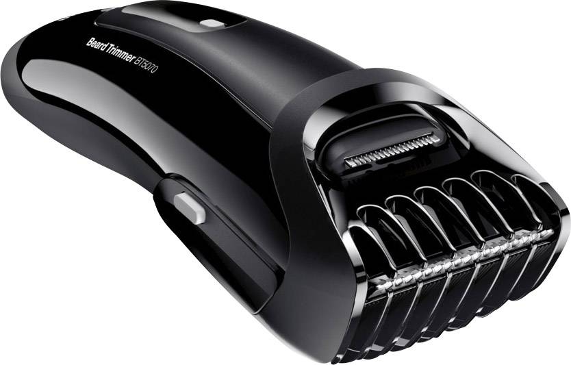 Un tagliabarba nero con attacco pettine regolabile. Il trimmer è ergonomico e adatto per rifilature precise.