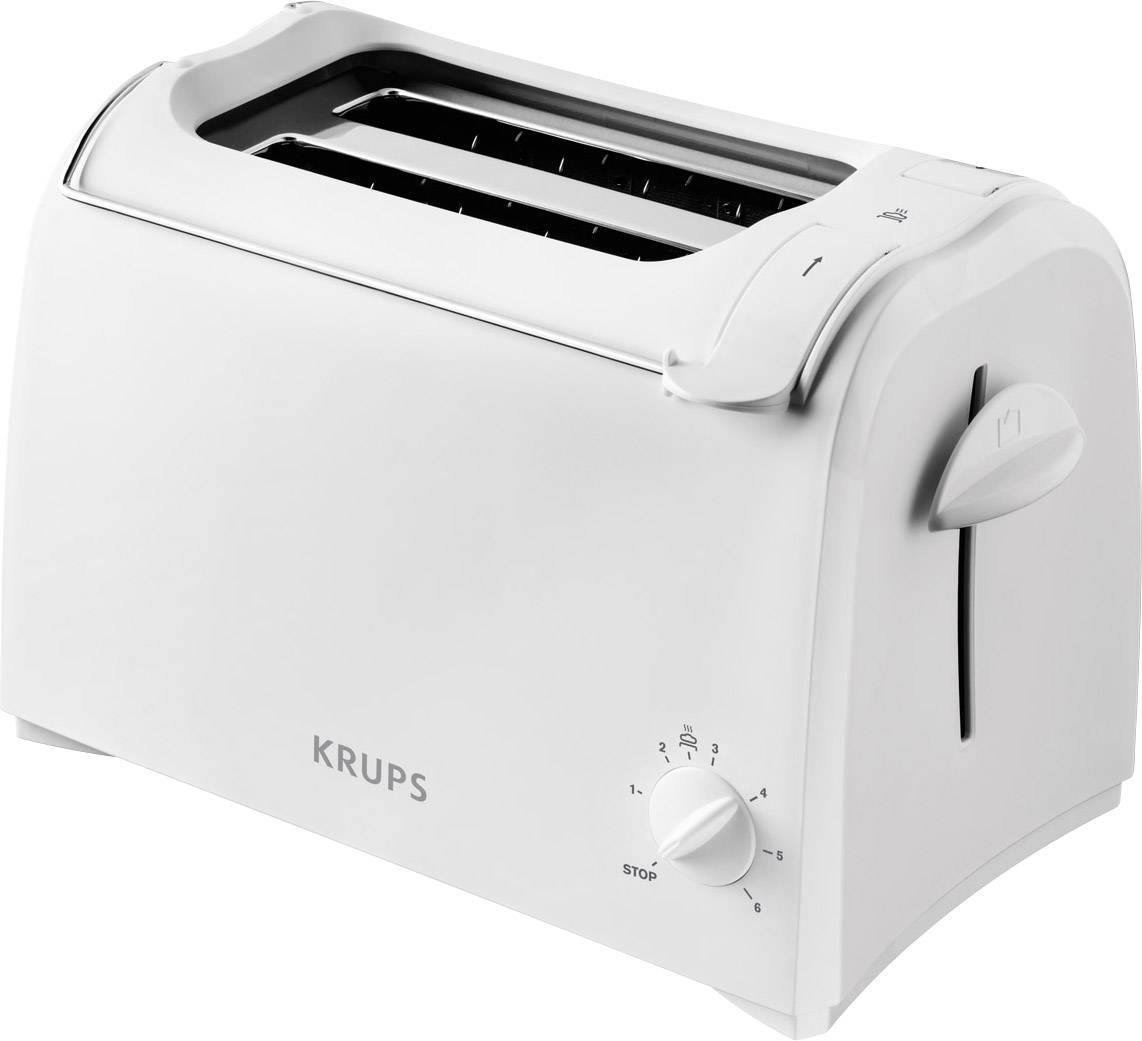 Un tostapane bianco a due fessure della marca Krups, con una manopola per regolare il livello di doratura e un tasto di arresto.