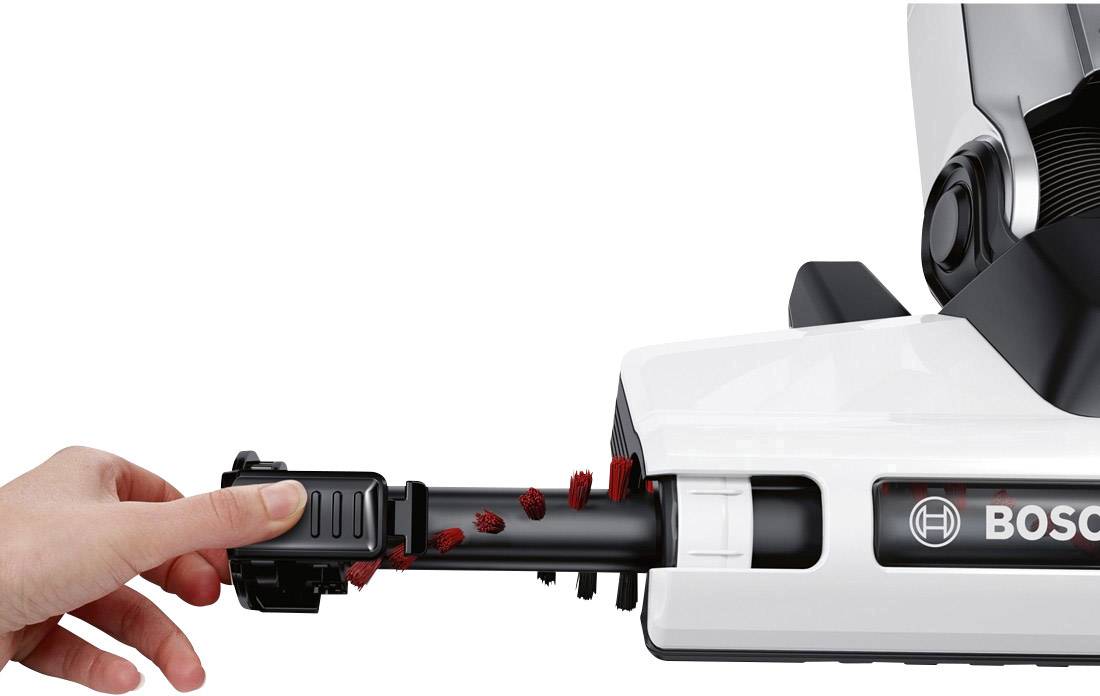 La mano inserisce l'accessorio spazzola rossa nell'aspirapolvere bianco Bosch.
