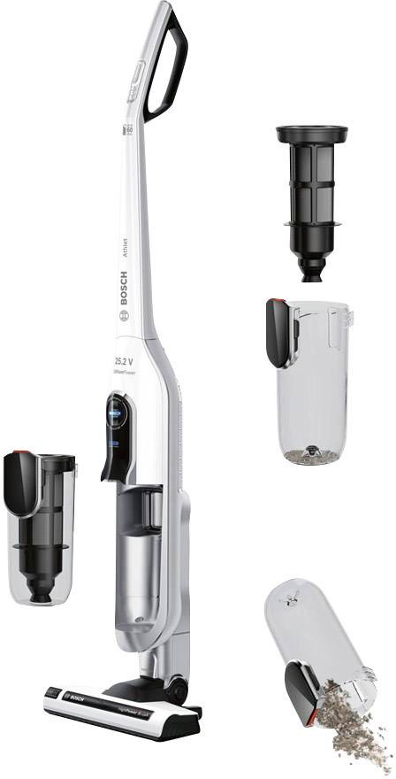 Aspirapolvere cordless con batteria intercambiabile e accessori su sfondo bianco. Parti di accessori per catturare la polvere e per una pulizia facile.