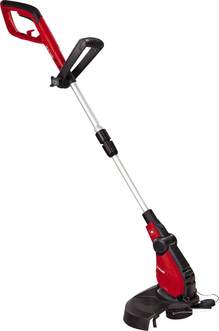Un tagliabordi elettrico rosso con manico telescopico regolabile e impugnatura ergonomica, ideale per un taglio preciso dei bordi del prato.