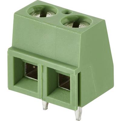 Connettore elettrico verde con due terminali, idoneo per il fissaggio su una scheda elettronica.