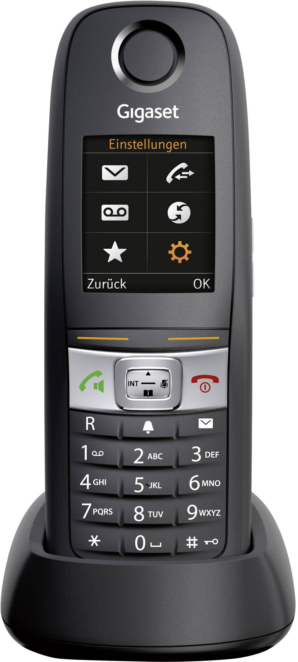 Telefono cordless sulla sua stazione, con un display che mostra simboli di menu per messaggi, impostazioni e registri delle chiamate.