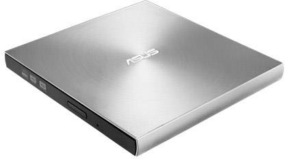 Lettore DVD esterno argentato di ASUS, rettangolare e sottile, con logo del marchio ben visibile.