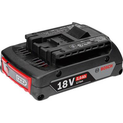 Un pacco batteria Bosch 18V 2,0 Ah Li-Ion, nero con accenti rossi e indicatore di carica, adatto per utensili elettrici.