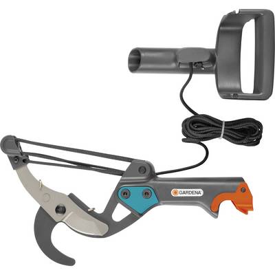 Forbice da giardino con sistema a cavo e impugnatura ergonomica. Adatta al taglio di rami in posizioni sopraelevate. Logo Gardena visibile.