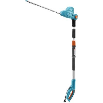 Tagliasiepi elettrico con manico telescopico, design blu e nero. Ideale per tagliare siepi alte.