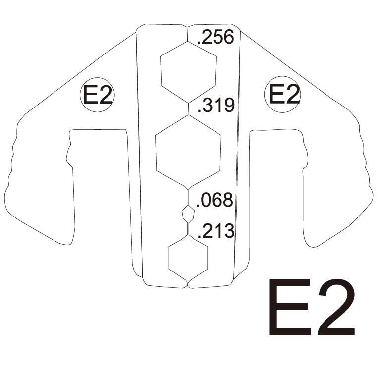 Utensile con cinque rientranze esagonali a gradini, contrassegnate con '.256', '.319', '.068', '.213'. Lati contrassegnati con 'E2'.